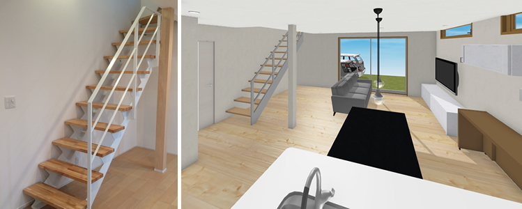 マイホームデザイナー活用事例「オープン階段の家」オープン階段の写真とマイホームデザイナーで描いたリビングイメージ