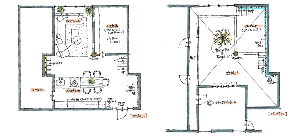 【子どもとネコと暮らす家】デザイナーの手描きラフ案