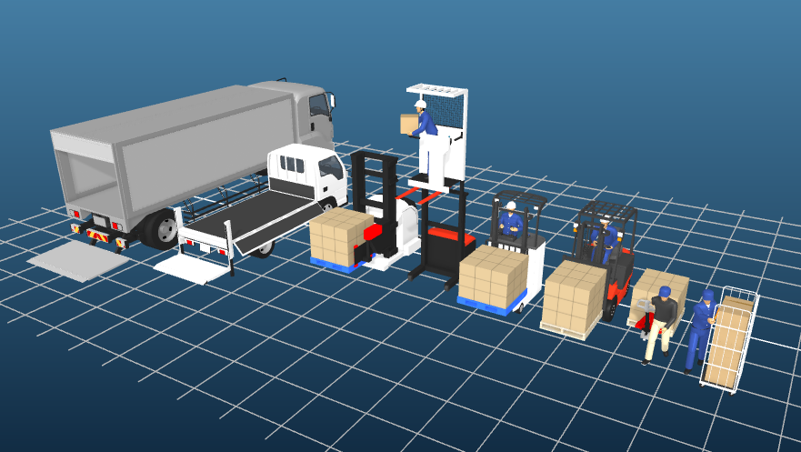 新規搭載した物流系車両などの3Dオブジェクト。テールゲートリフターやフォーク部分は動かせる。