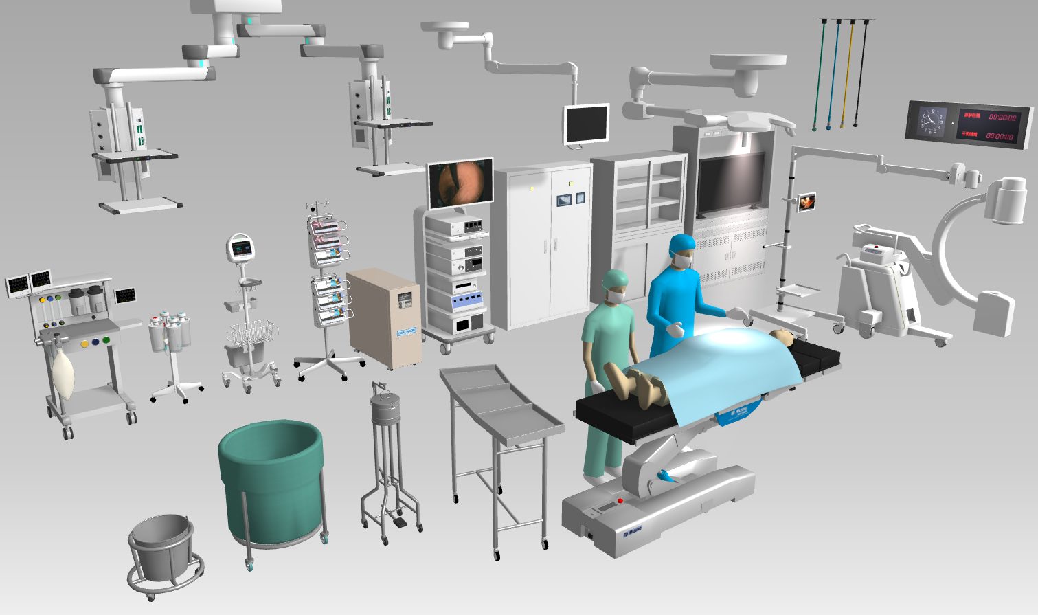 メガソフトが出品する3D医療施設デザイナーには医療機器メーカーの製品など医療・福祉施設用の3Dオブジェクトが多数収録されています。（画像は手術室向け3Dオブジェクトの一部）